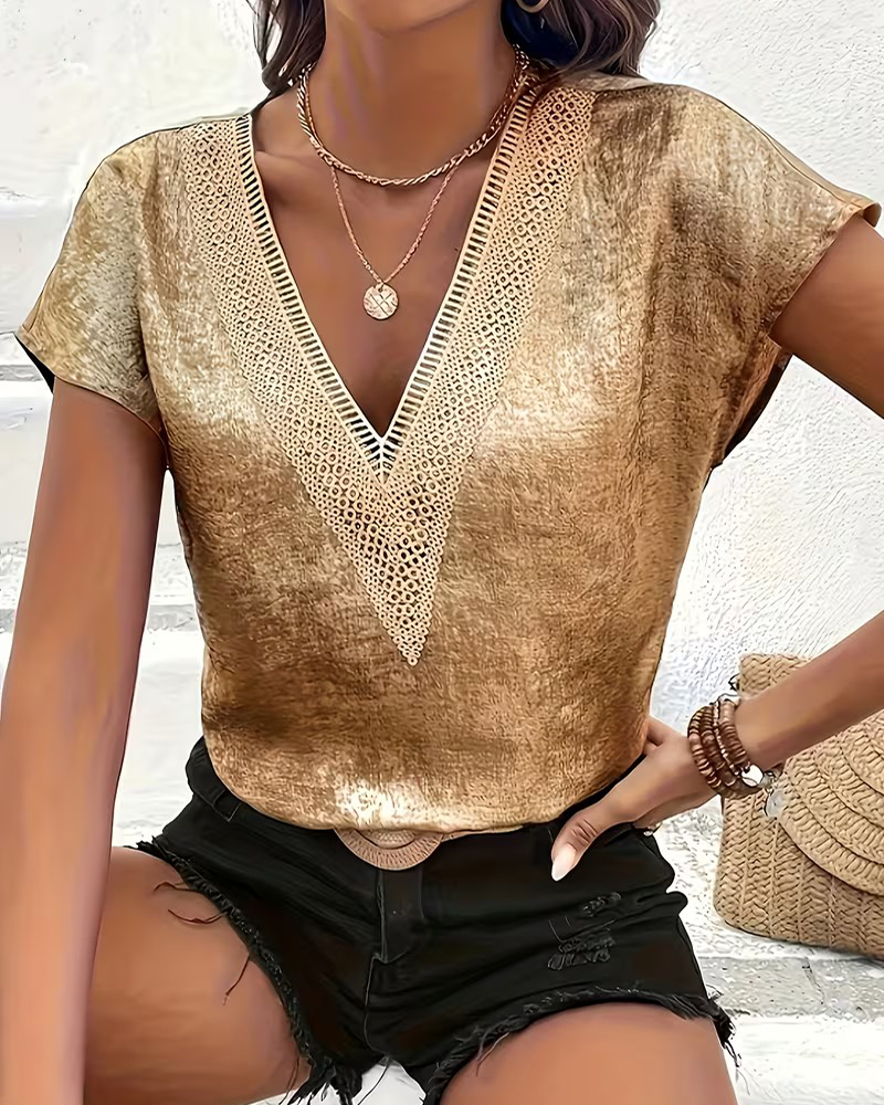 Blusa Håltomning V-Ringad Hals Flagermusärm