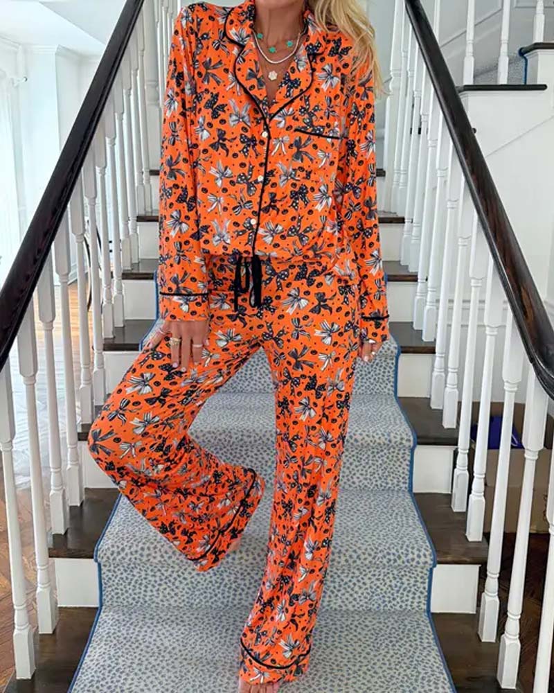 Pyjamas Set Skjortkrage Tryckt Knapp