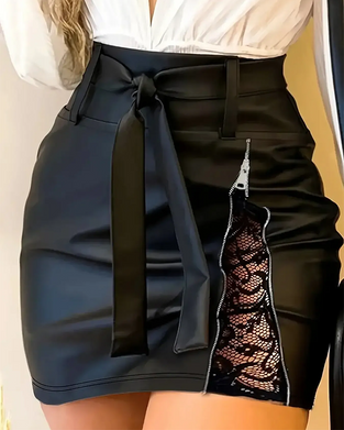 Kjol Spets Patchwork Bodycon PU