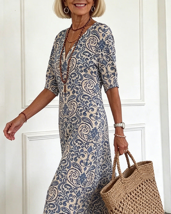 Klänning Vintage Blommönster V-Hals Maxi