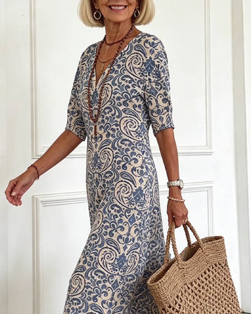 Klänning Vintage Blommönster V-Hals Maxi