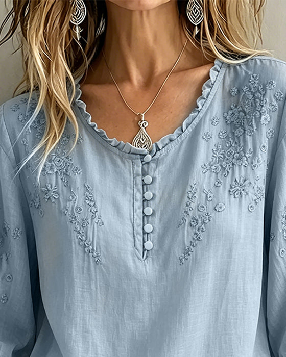 Blus Broderi 3/4-Ärm Enfärgad