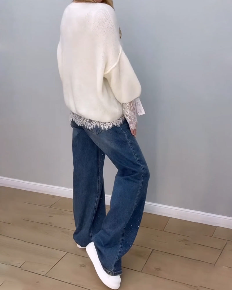 Tröja Stilfull Mysig Spets Lappverk