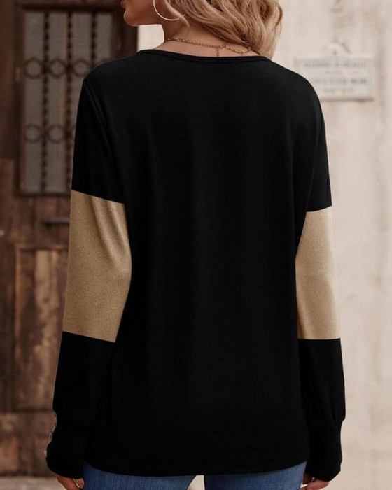 T-shirt Damers Färgblock Tryck Knapp Dekor Droppad Axel