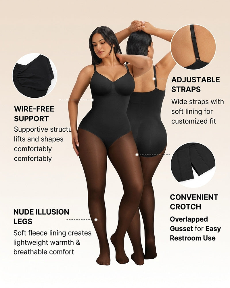 Genomskinlig Panel Med Fleecefodrade Tights Stay-Warm Magkontroll Sheer Effekt Tights Bodysuit Svart Basic