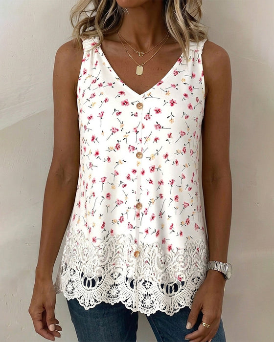Tank Top V-Hals Spagettiband Blommig Spets Patchwork