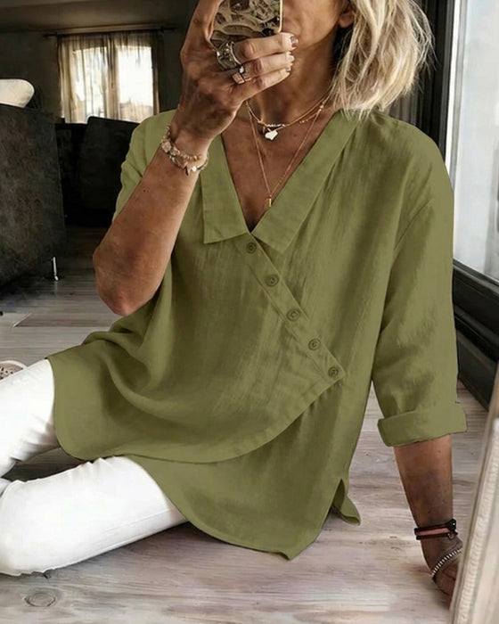 Blus Med Asymmetrisk Diagonal Knäppning Och Krage