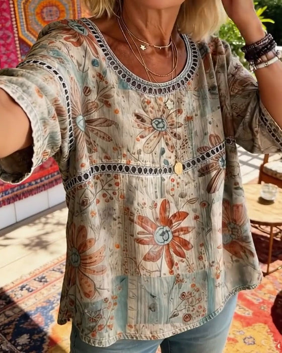 Topp Genombruten Rund Hals Tryckt