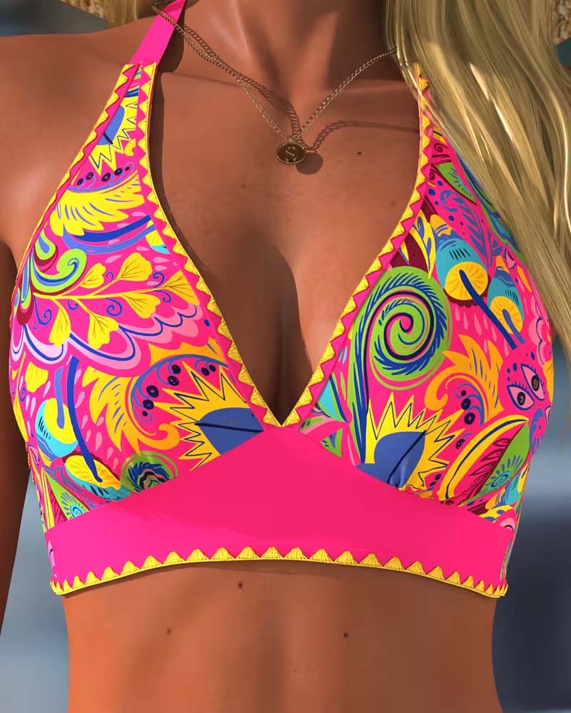Bikini Kontrast Mönster Halterneck