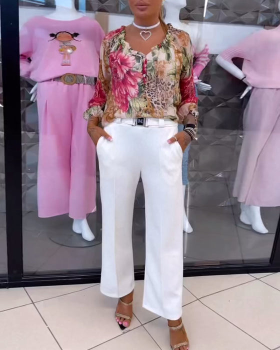 Blus Med V-Ringad Blommönster