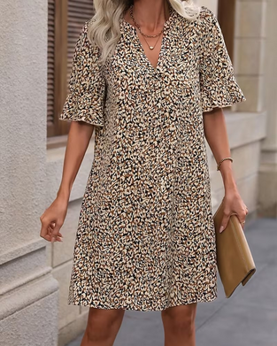 Klänning Leopard Tryck Blommig V-ringning Rynkad Ärm