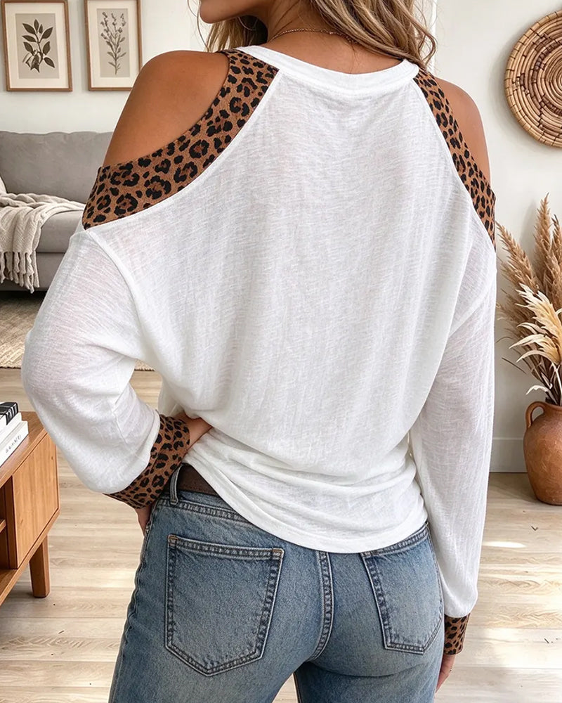 Blus V-ringning Axelmager Leopard Tryck Lössittande