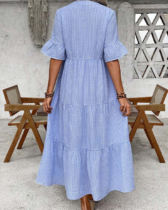 Kläning Blå Vit Gingham V-Hals