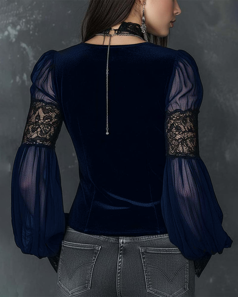 Blus Knapp I Halv V-Ringad Puffärm