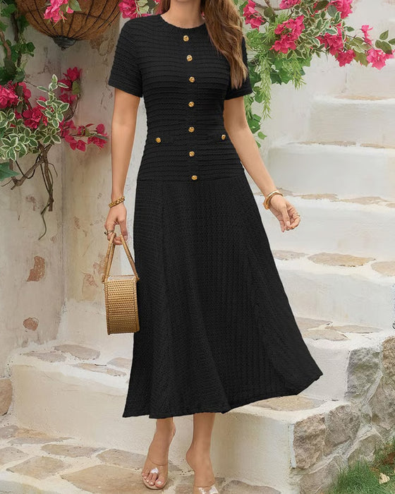Klänning Rundhals Slim Fit Knapp Patchwork