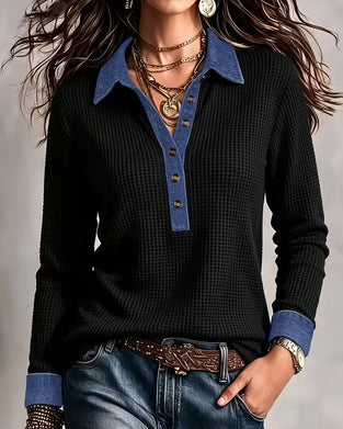 Blus Avslappnad Denim Krage Panel Lång Ärm