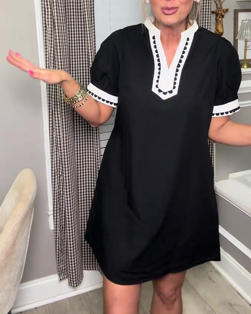 Klänning Bubbla Ärm Färgblock V-Hals