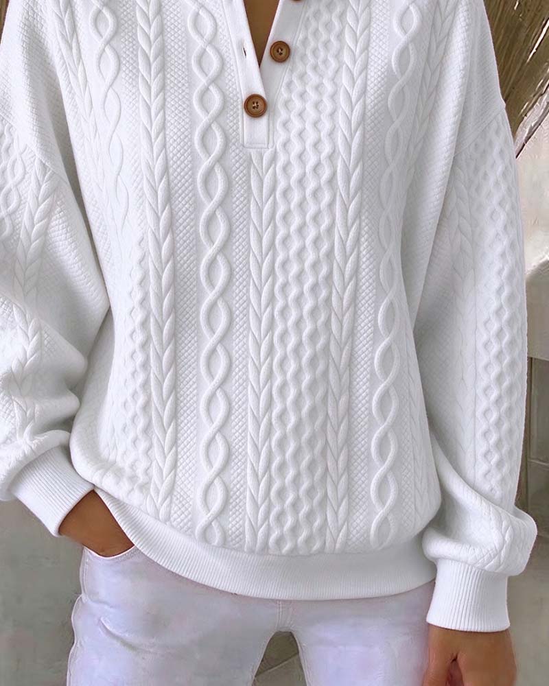 Sweatshirt V-Hals Knappad Fläta Enfärgad