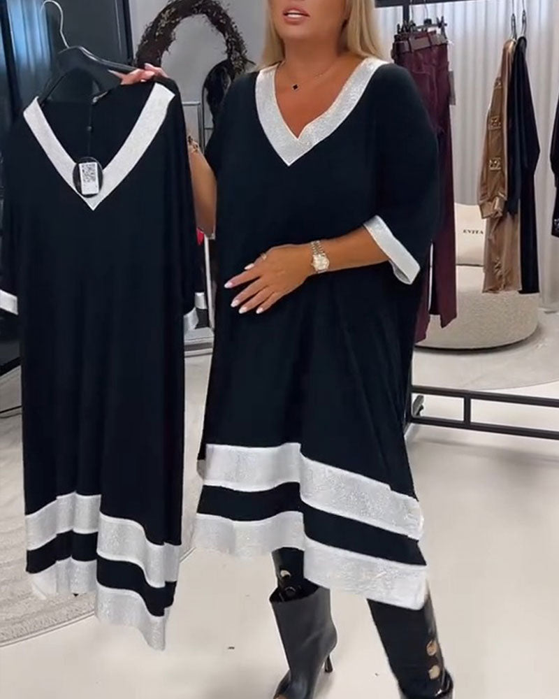 Klänning V-Hals Kortärmad Färgblock Loose Fit