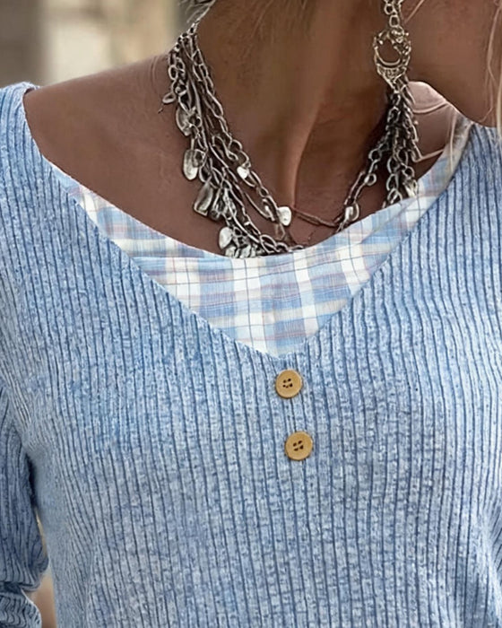 Topp Ribbad Rutig Patchwork Lång Ärm