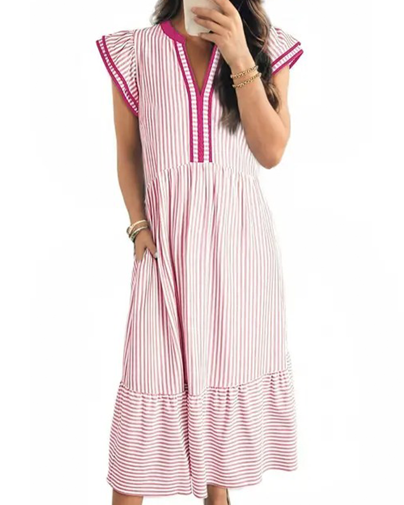 Klänning Randig Dubbel Rynkad Kortärmad