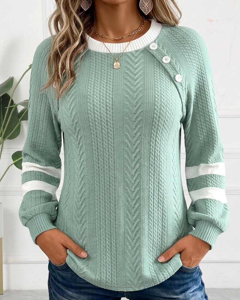 Sweatshirt Rundhals Knapp Randig Jacquard