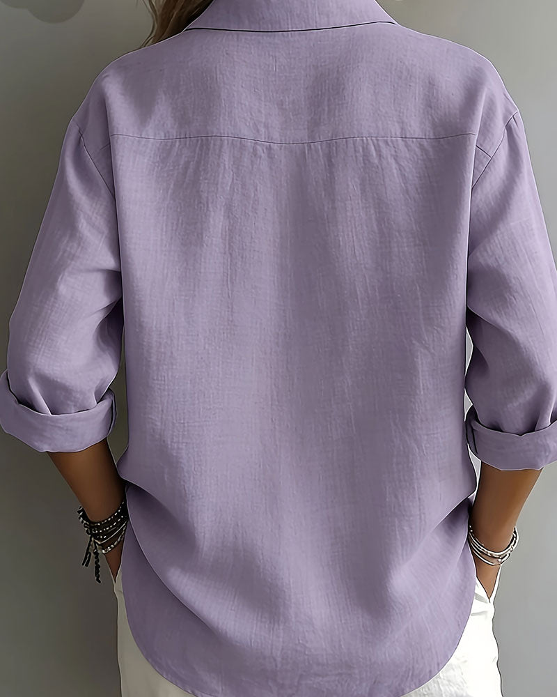 Blus Enfärgad Krage Halvknäppning Långärmad
