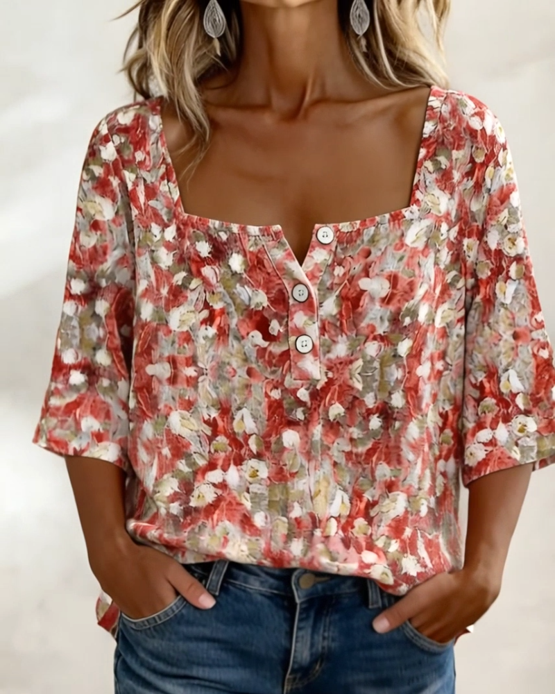 Blus Blommig Fyrkantig Hals Halvknäppning Trekvart Ärm