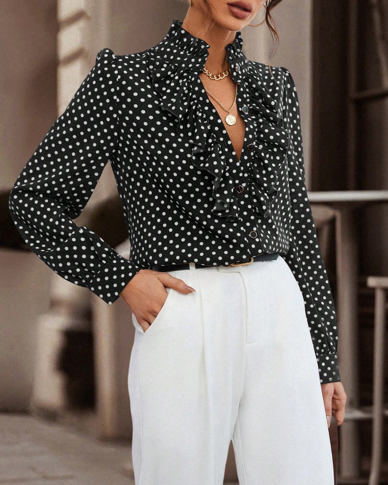 Blus Med Högkrage Design, Prickmönster Och Volangerkant, Elegant Stämning