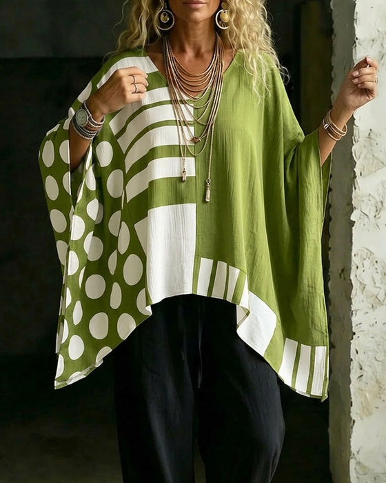 Blouse Polka Dot Rand Patchwork V Ringning