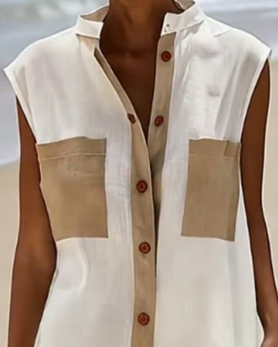 Klänning Färgblock Ärmlös Skjorta Midi