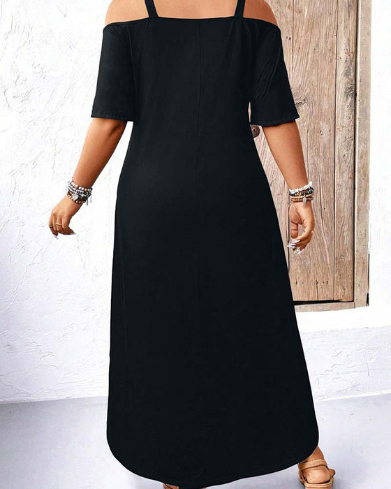 Klänning Enfärgad V-Ringning Off-Shoulder Lång