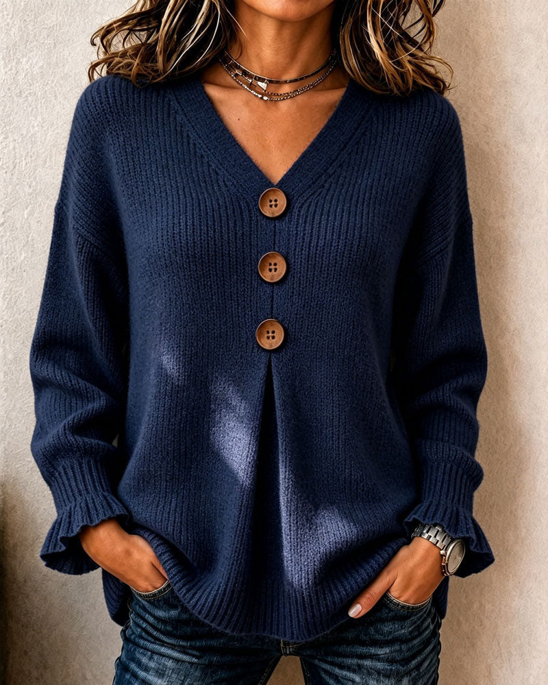 Tröja V-Hals Knapp Pullover