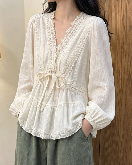 Blus V-Hals Bubbla Ärm Spets Patchwork Utställd