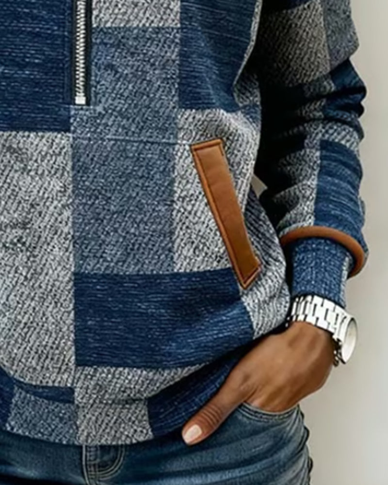 Stilsäker Huvad Sweatshirt Med Halv Dragkedja Och Färgblock