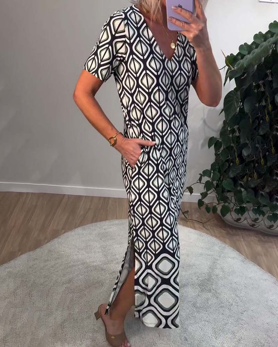 Klänning V-Ringning Geometrisk Kortärmad