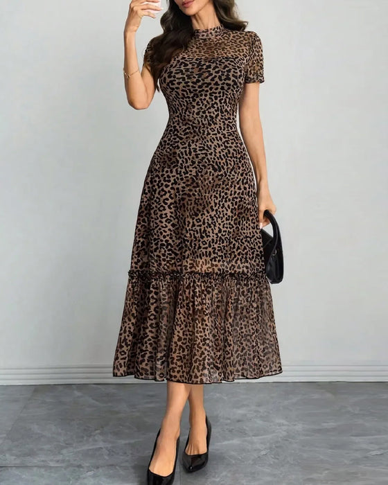 Klänning Leopard Mock Neck Mesh Midi
