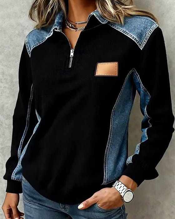 Topp Dragkedja Denim Patchwork Slag