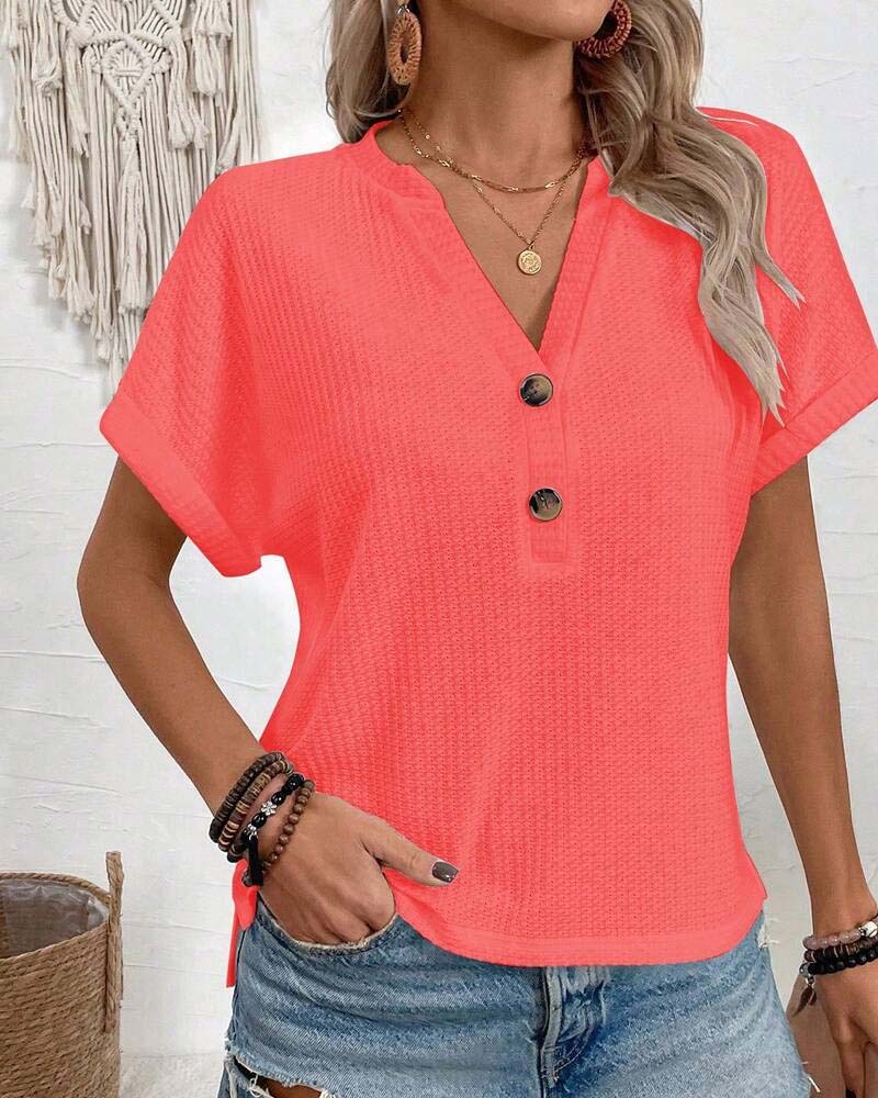 T-Shirt Våffla V-Hals Knapp