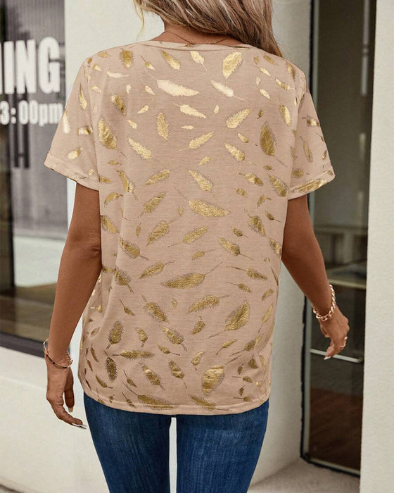 T-Shirt V-Ringad Bladtryck Casual