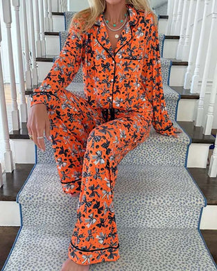 Pyjamas Set Skjortkrage Tryckt Knapp