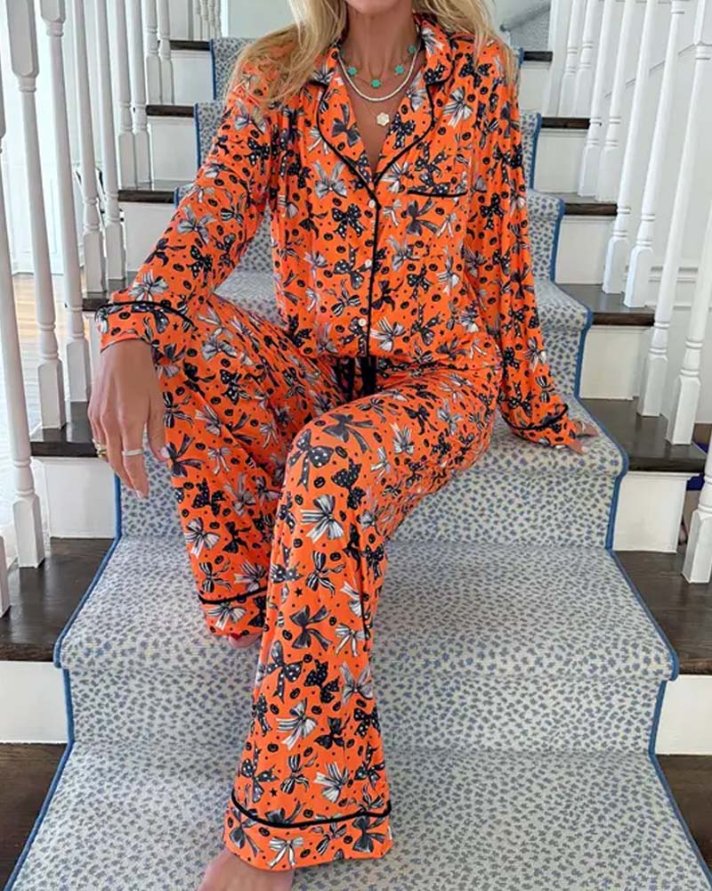 Pyjamas Set Skjortkrage Tryckt Knapp