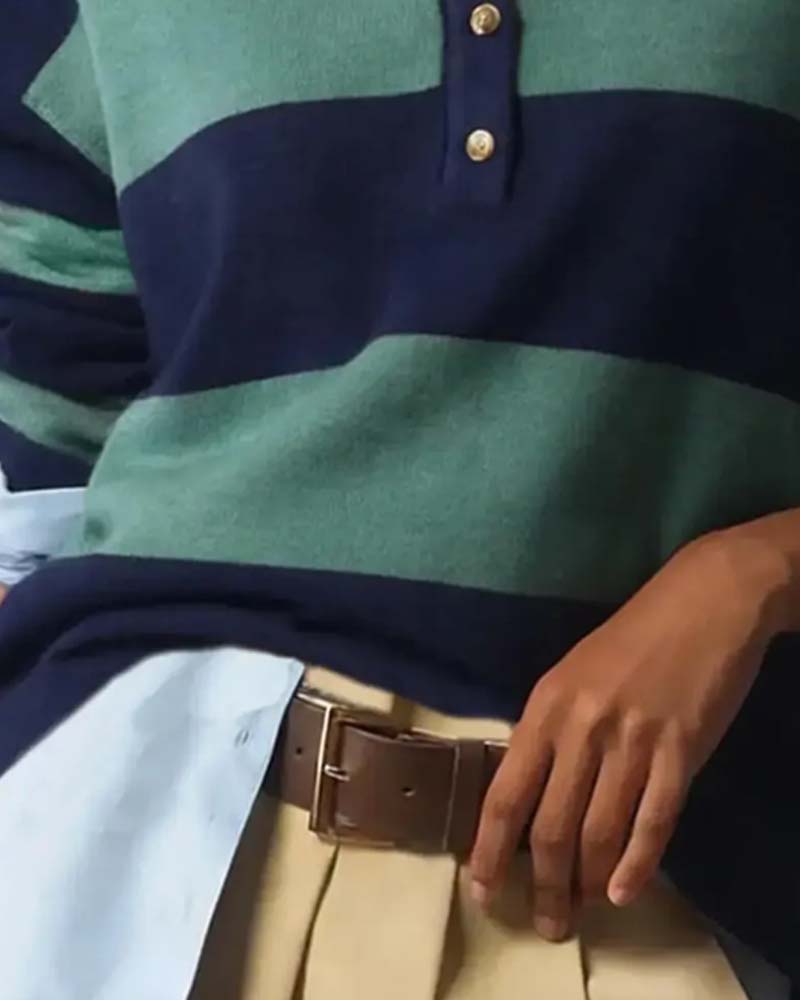 Pullover Med Bred Randig Knappad Krage