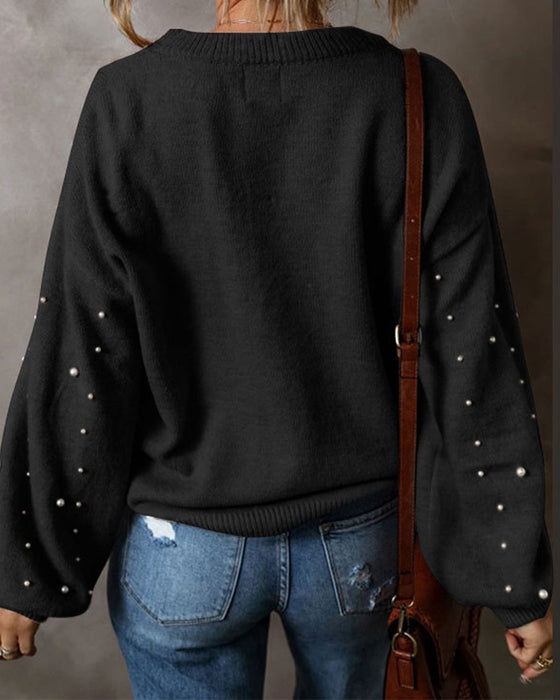 Pullover Med Pärlor Lång Ärm Rundhalsad