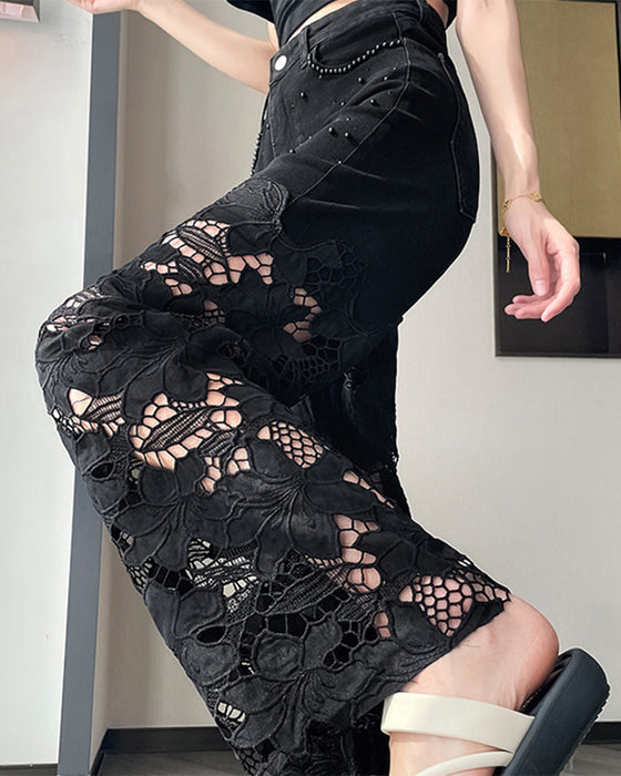 Jeans Dam Strass Utskärning Bred Benslut