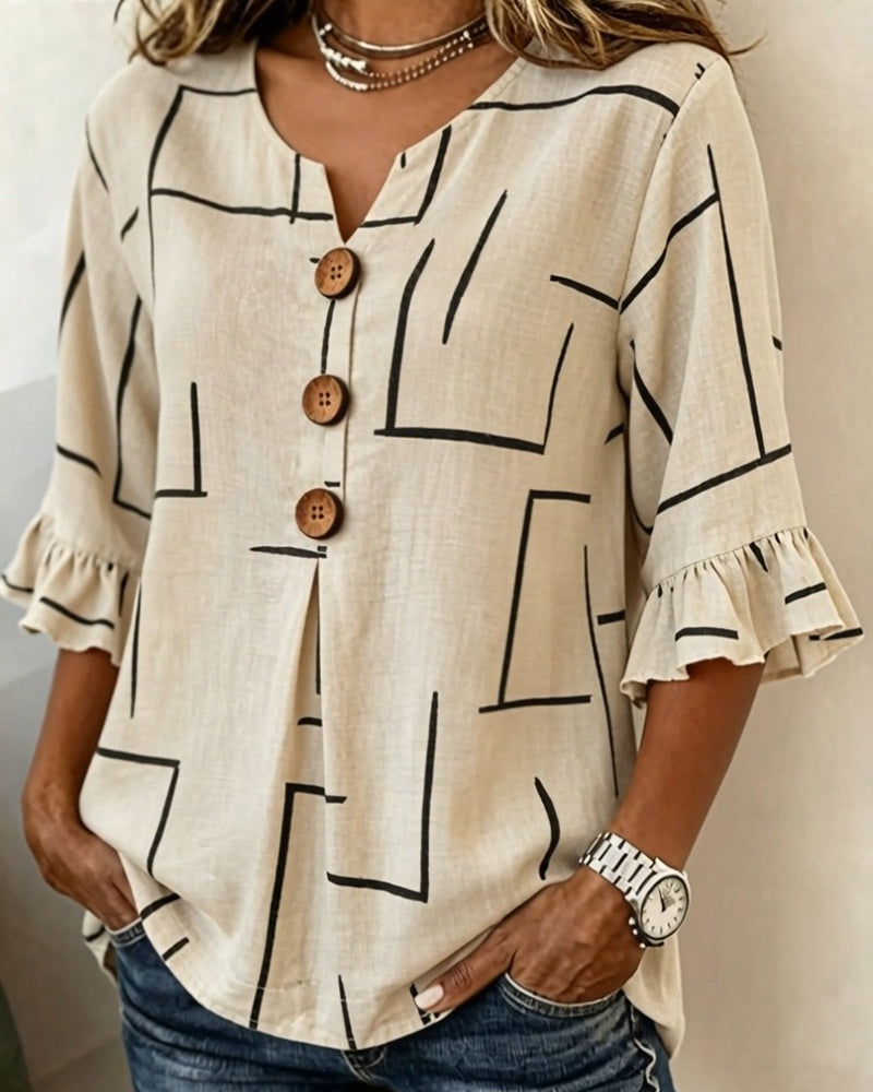 Blus Rynkad Ärm Randigt Print