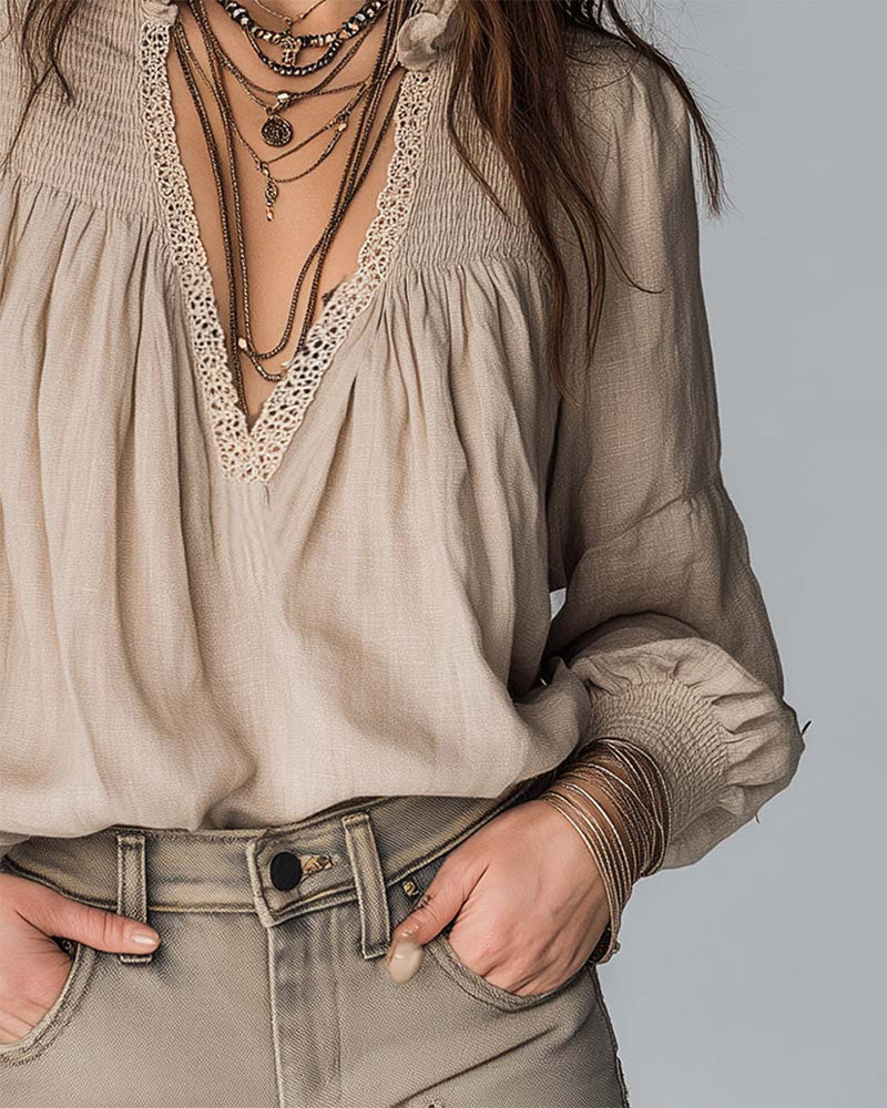 Blus Djup V-Hals Puffärm