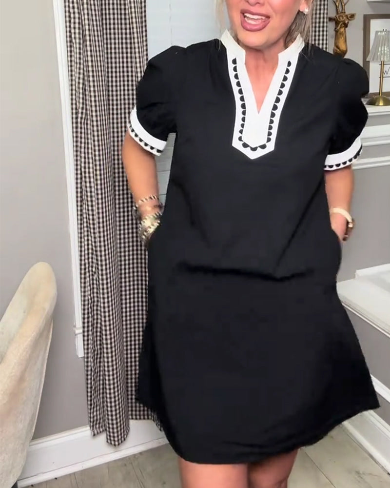 Klänning Bubbla Ärm Färgblock V-Hals