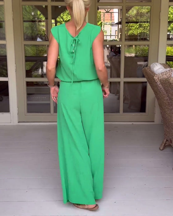 Ärmlöst linne med vida benbyxor med enfärgad och ihålig färg