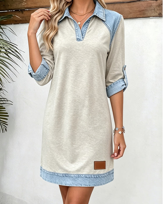 Klänning Denim Patchwork Polo Krage Lång Ärm
